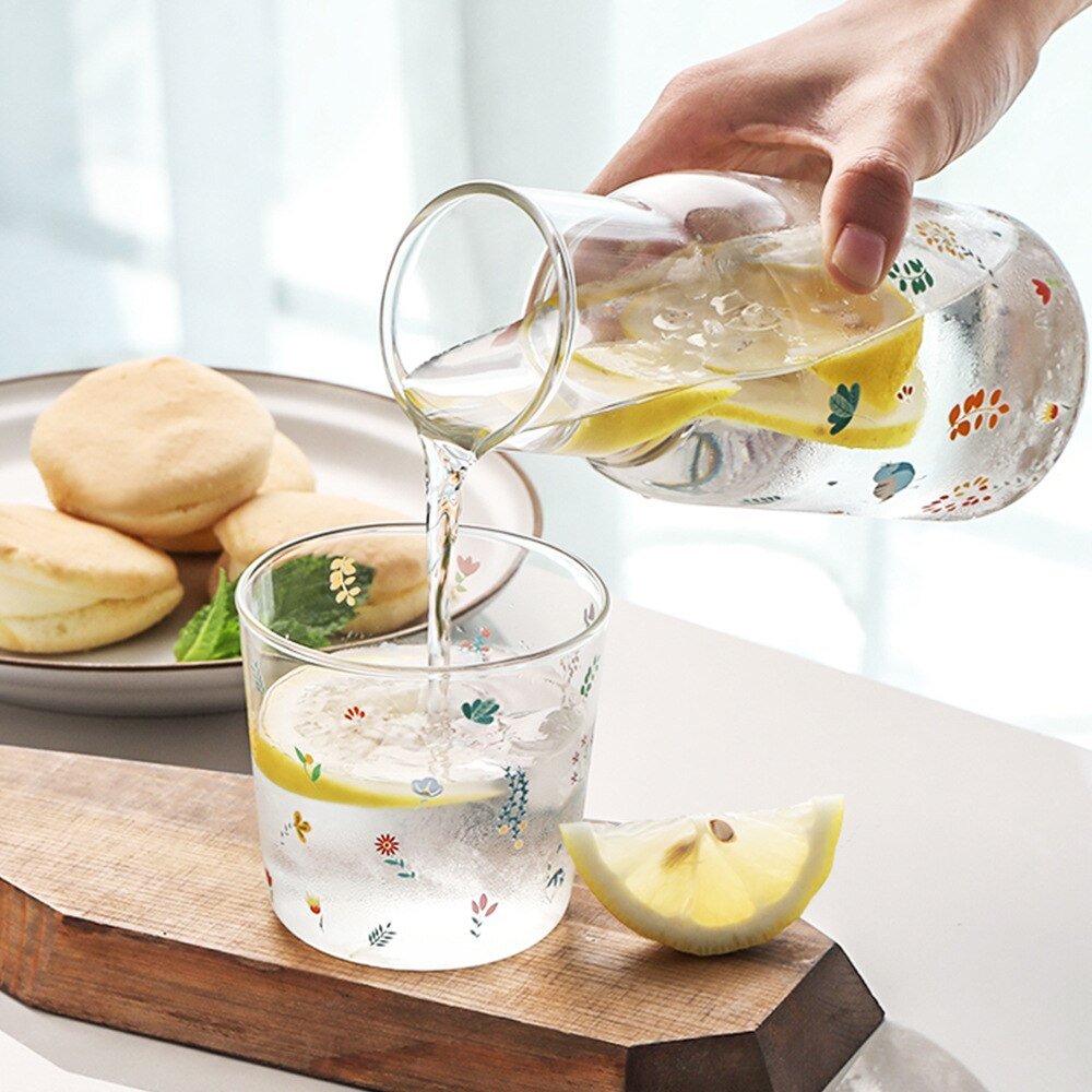 Nordic Flower Printed Glass Tea Cup Set with Water Carafe - Casatrail.com