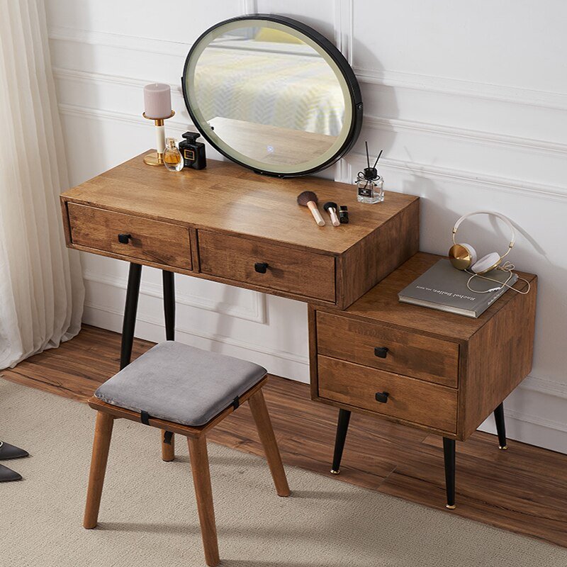 Nordic Walnut Solid Wood Dressing Table with Vanity Mirror and Storage Drawers - Casatrail.com