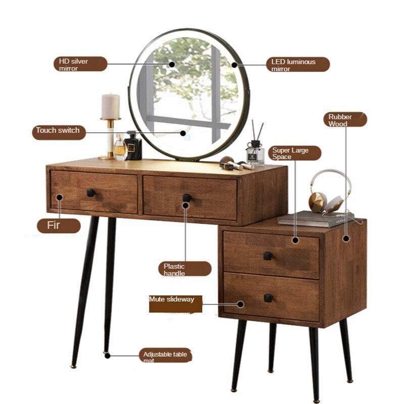 Nordic Walnut Solid Wood Dressing Table with Vanity Mirror and Storage Drawers - Casatrail.com