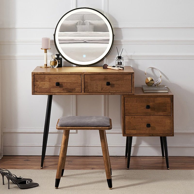 Nordic Walnut Solid Wood Dressing Table with Vanity Mirror and Storage Drawers - Casatrail.com