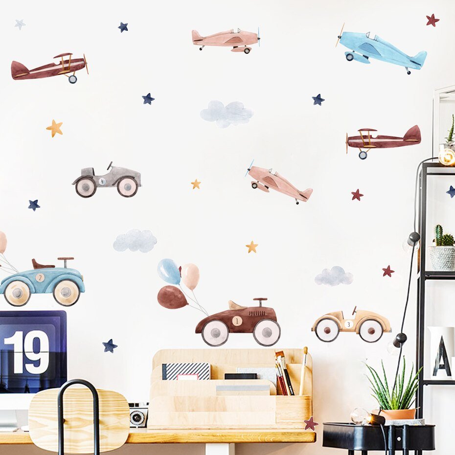 Nursery Wall Art - Cartoon Car Balloon Watercolor Poster - Casatrail.com