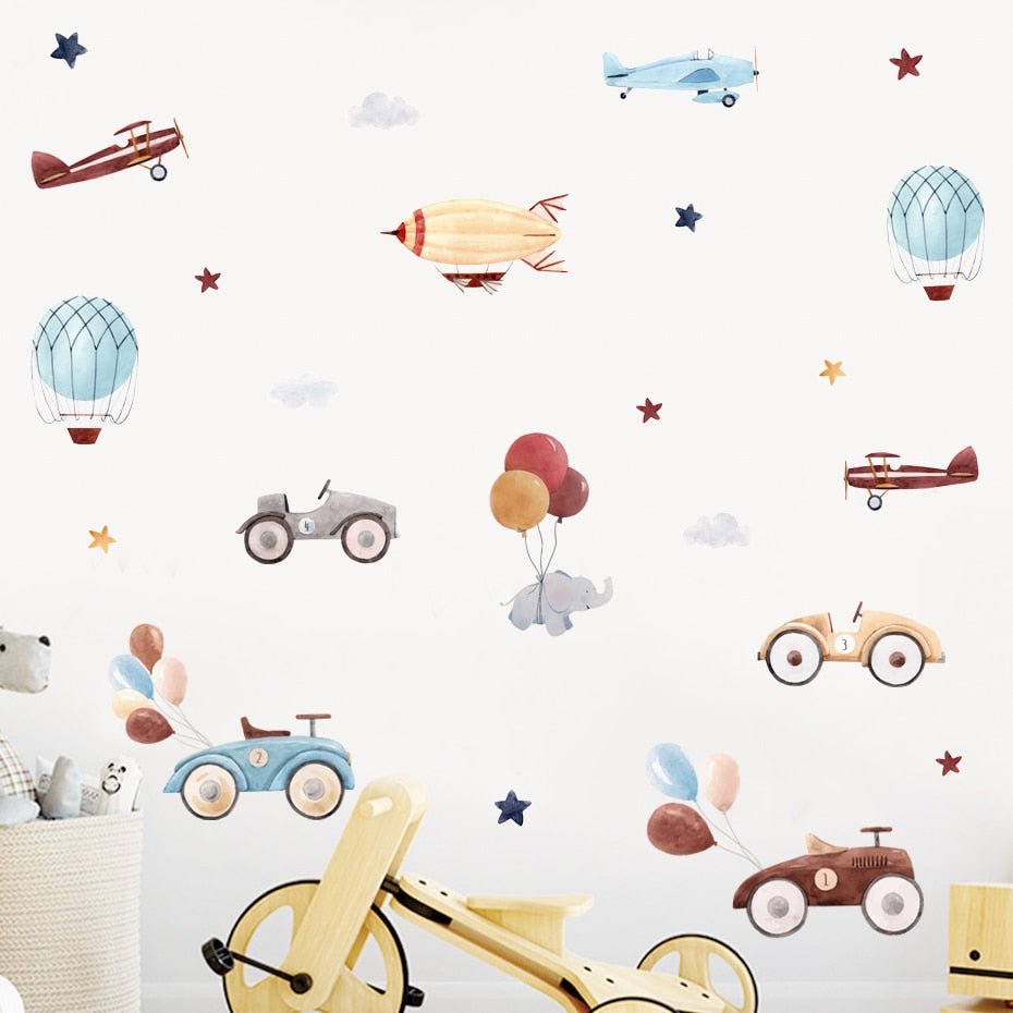 Nursery Wall Art - Cartoon Car Balloon Watercolor Poster - Casatrail.com