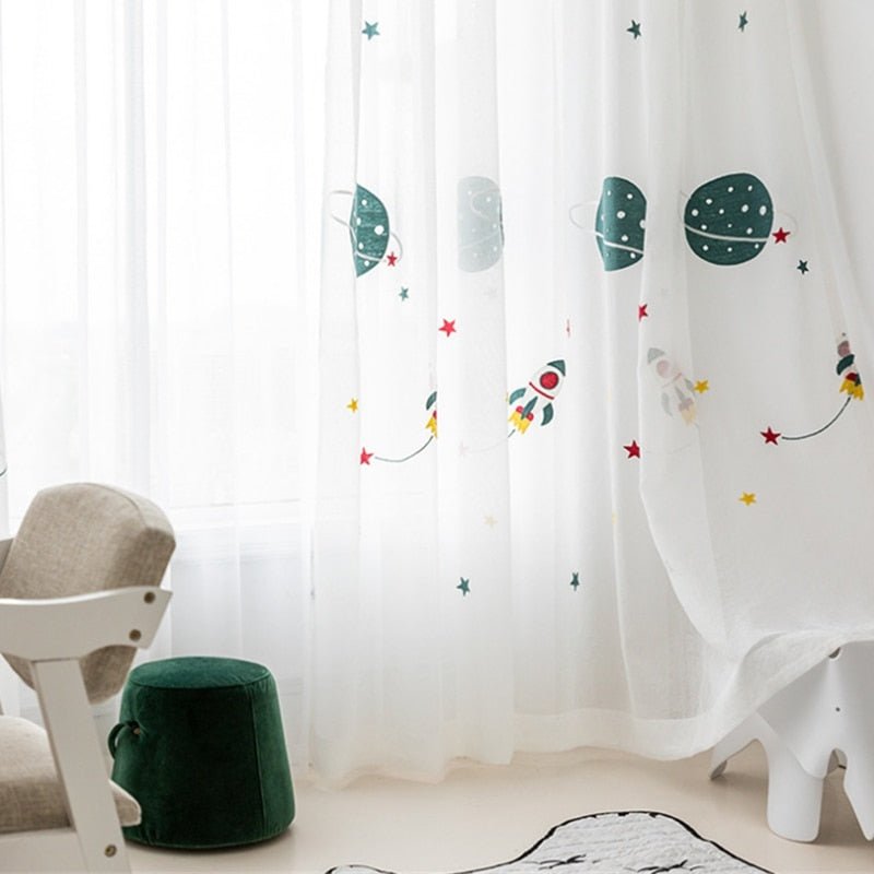 Outer Space Rocket Embroidered Voile Curtain - Casatrail.com