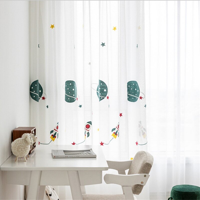 Outer Space Rocket Embroidered Voile Curtain - Casatrail.com