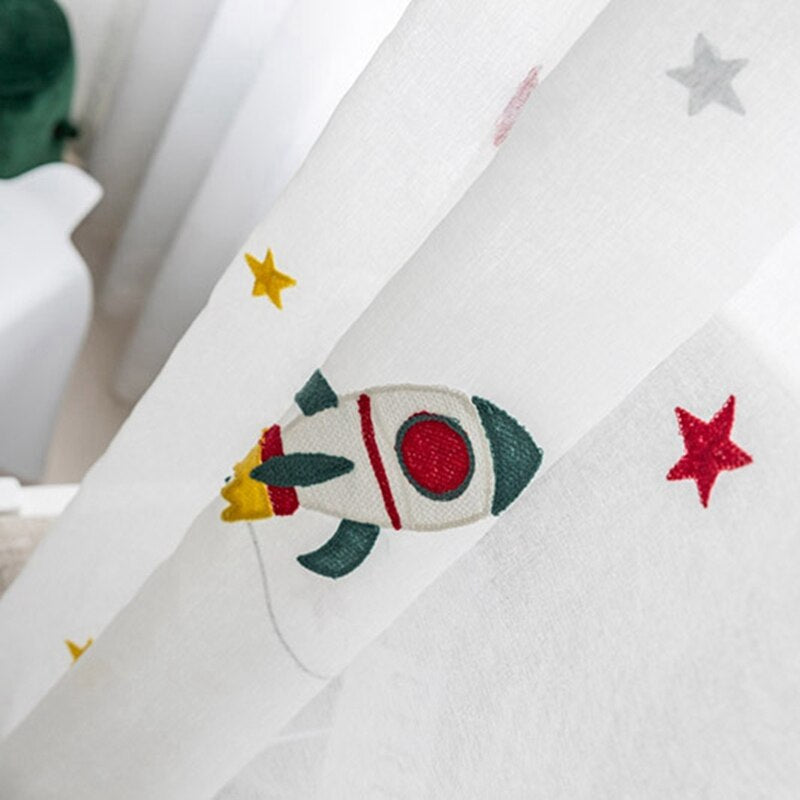 Outer Space Rocket Embroidered Voile Curtain - Casatrail.com