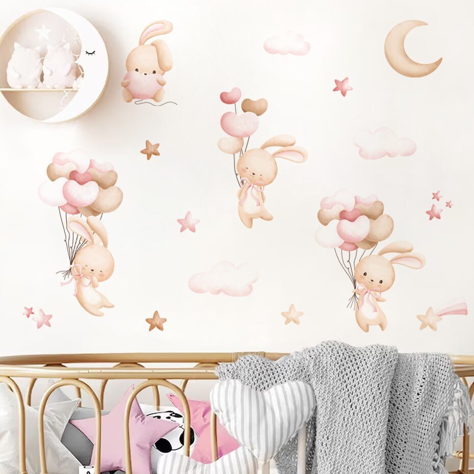 Pink Cartoon Bunny Moon Clouds Wall Decals Girls Room - Casatrail.com