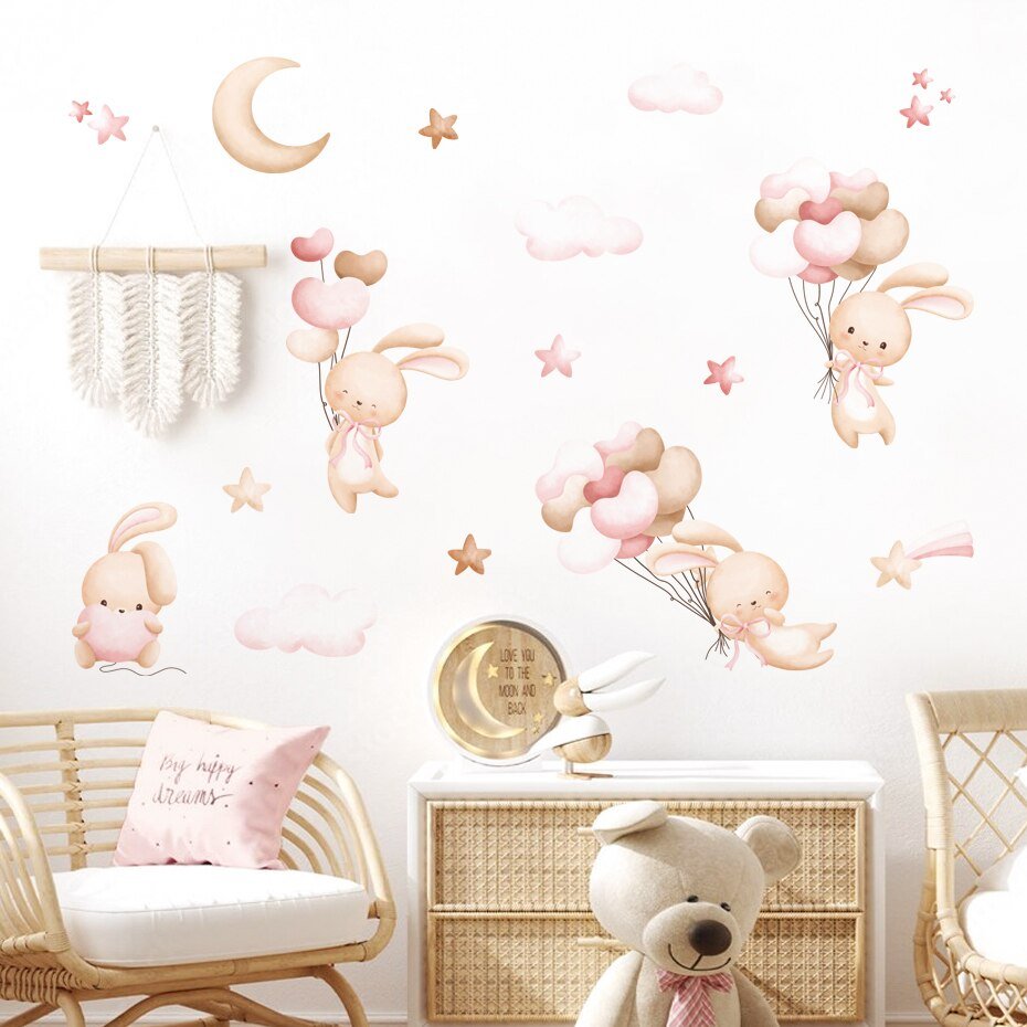 Pink Cartoon Bunny Moon Clouds Wall Decals Girls Room - Casatrail.com