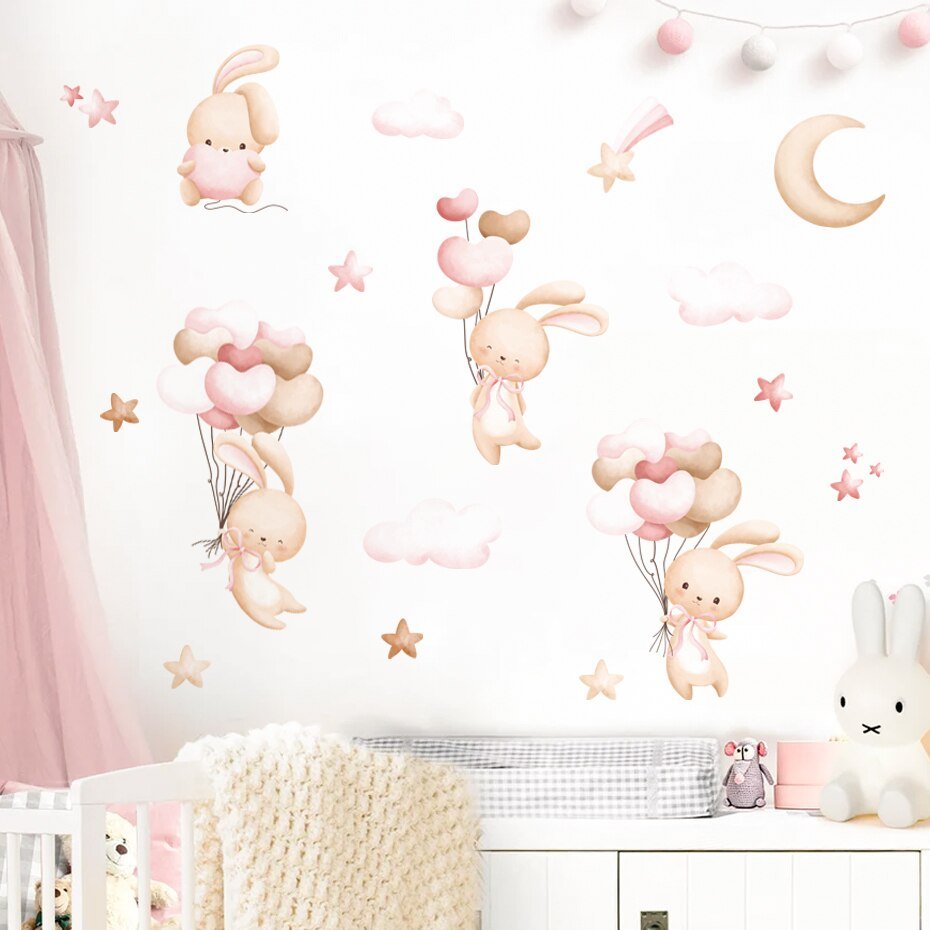 Pink Cartoon Bunny Moon Clouds Wall Decals Girls Room - Casatrail.com