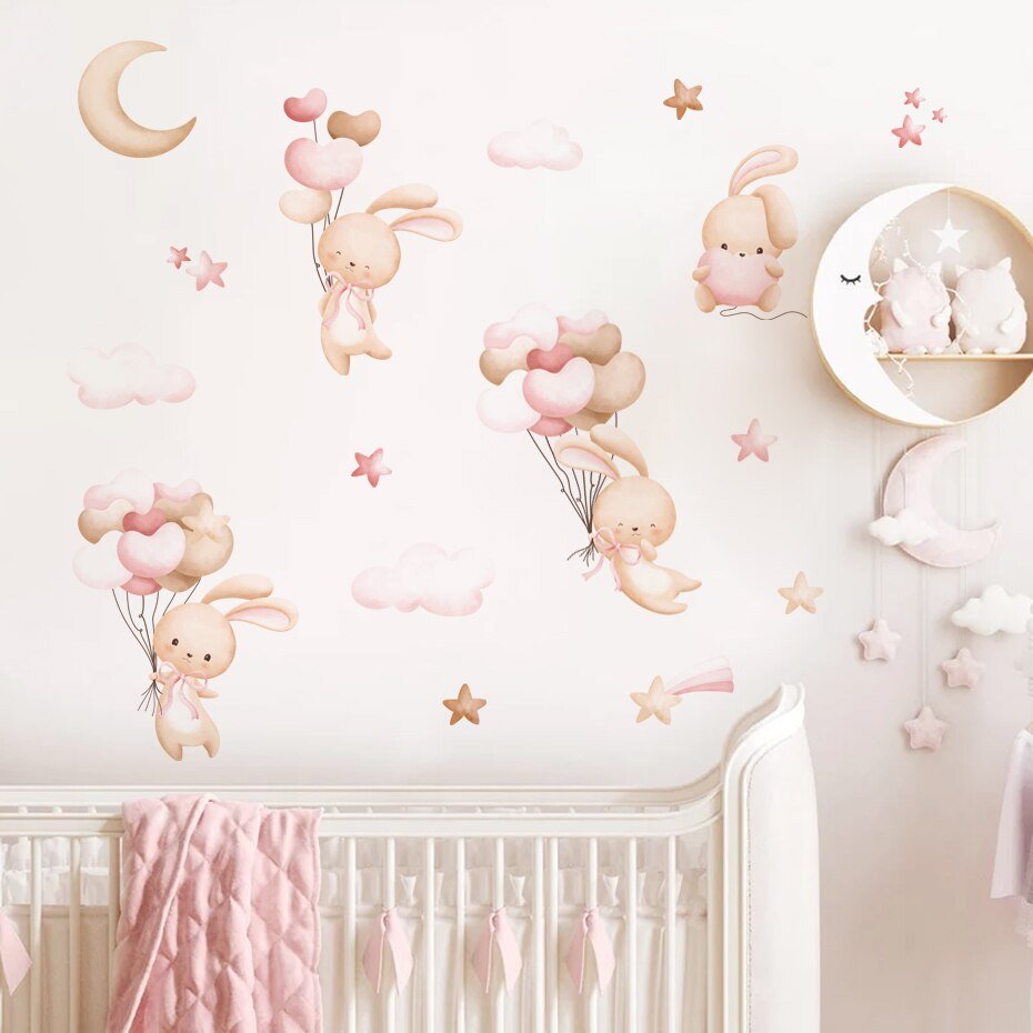 Pink Cartoon Bunny Moon Clouds Wall Decals Girls Room - Casatrail.com