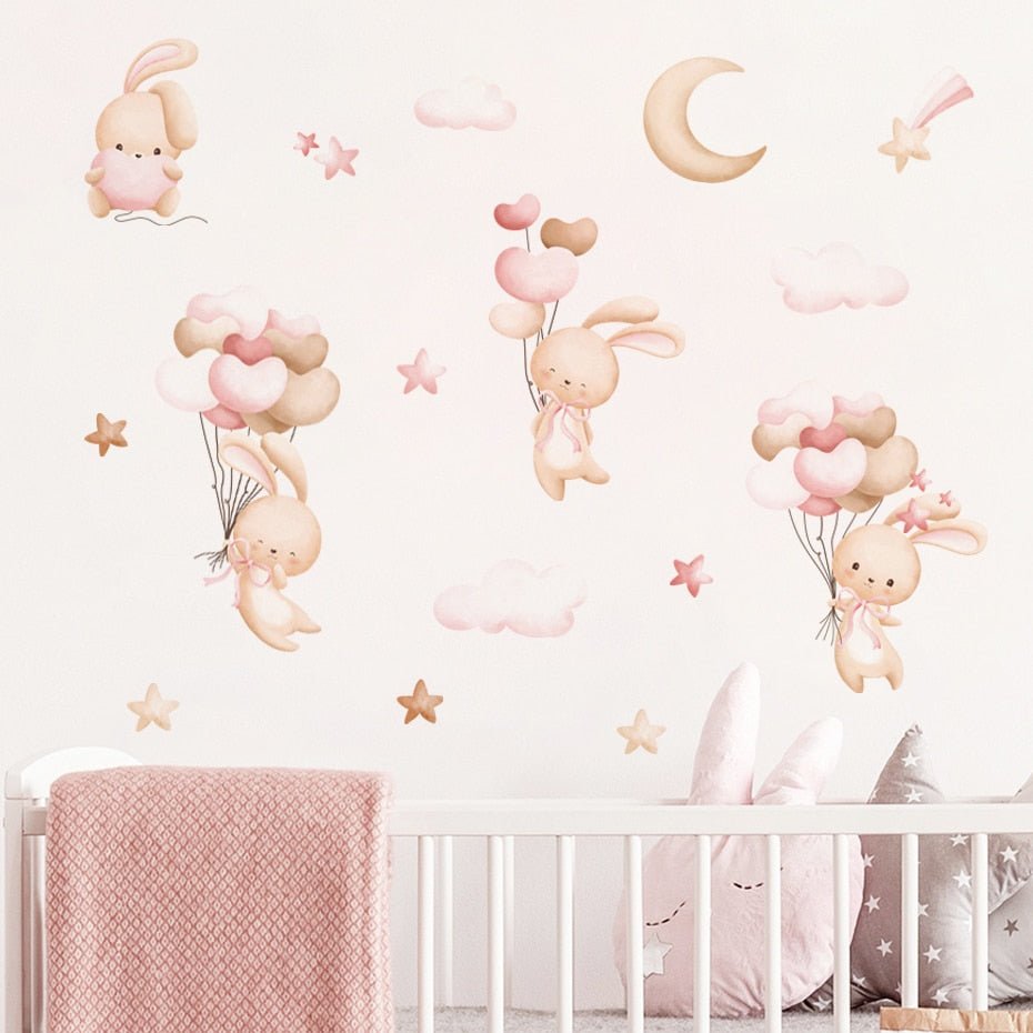 Pink Cartoon Bunny Moon Clouds Wall Decals Girls Room - Casatrail.com