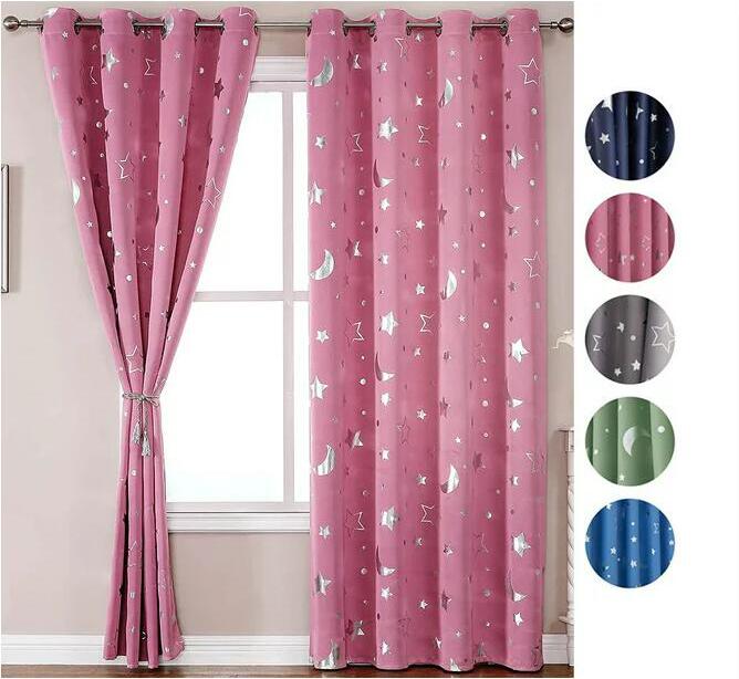 Pink Star Moon Print Kids Window Curtains - Casatrail.com