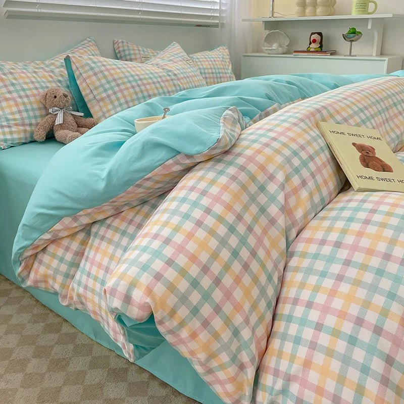 Plaid Cotton Bedding Set with Duvet Cover, Pillowcase & Bed Sheet - Casatrail.com