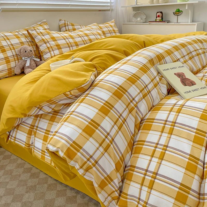 Plaid Cotton Bedding Set with Duvet Cover, Pillowcase & Bed Sheet - Casatrail.com