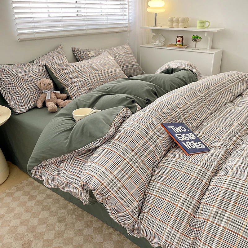 Plaid Cotton Bedding Set with Duvet Cover, Pillowcase & Bed Sheet - Casatrail.com