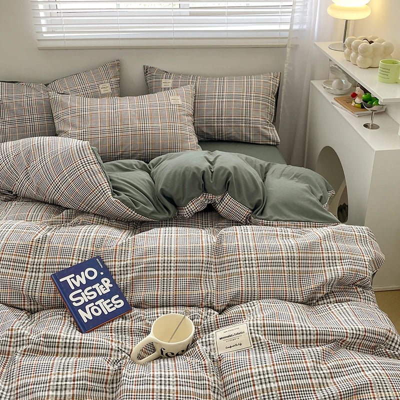 Plaid Cotton Bedding Set with Duvet Cover, Pillowcase & Bed Sheet - Casatrail.com