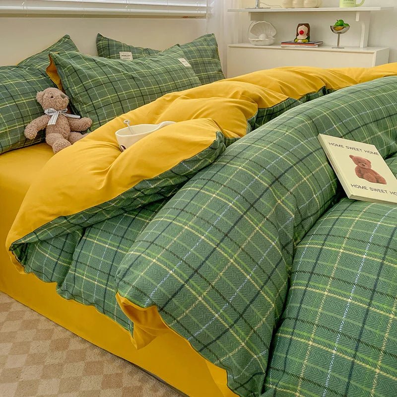 Plaid Cotton Bedding Set with Duvet Cover, Pillowcase & Bed Sheet - Casatrail.com
