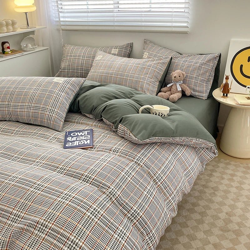 Plaid Cotton Bedding Set with Duvet Cover, Pillowcase & Bed Sheet - Casatrail.com