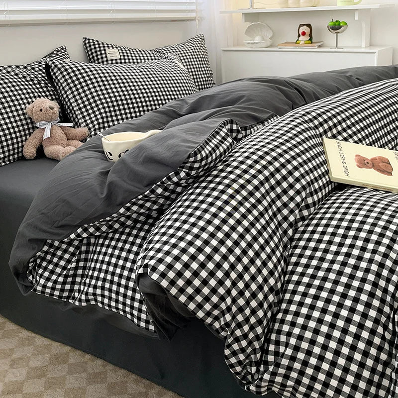 Plaid Cotton Bedding Set with Duvet Cover, Pillowcase & Bed Sheet - Casatrail.com