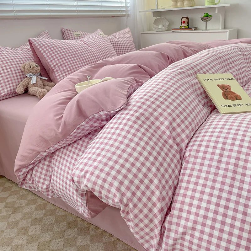 Plaid Cotton Bedding Set with Duvet Cover, Pillowcase & Bed Sheet - Casatrail.com