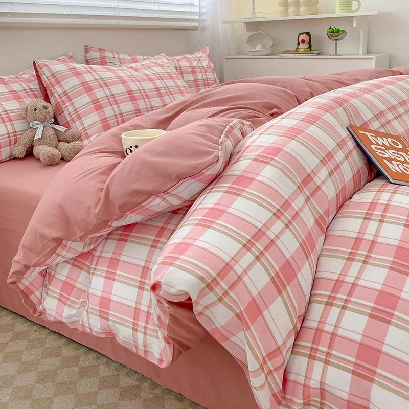 Plaid Cotton Bedding Set with Duvet Cover, Pillowcase & Bed Sheet - Casatrail.com