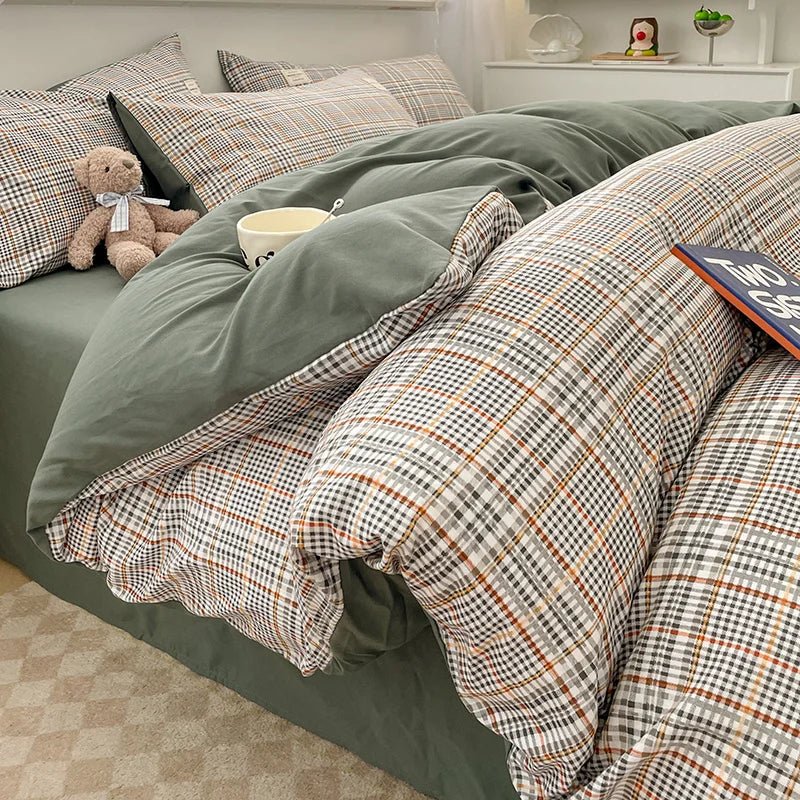 Plaid Cotton Bedding Set with Duvet Cover, Pillowcase & Bed Sheet - Casatrail.com