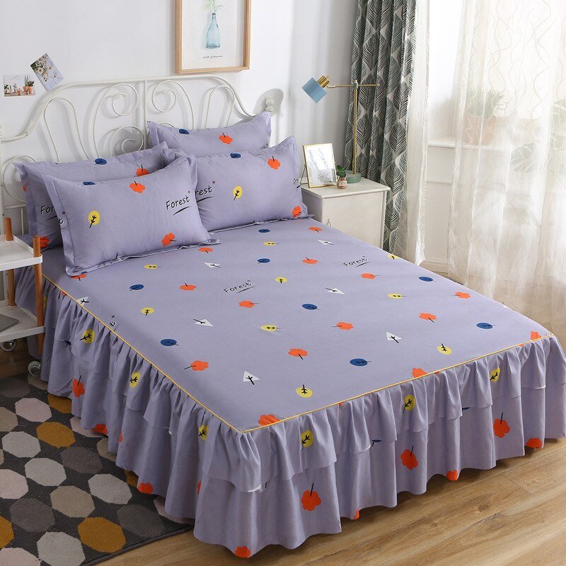 Printed Double Layer Bed Skirt Set for King Queen Size Bed - Casatrail.com