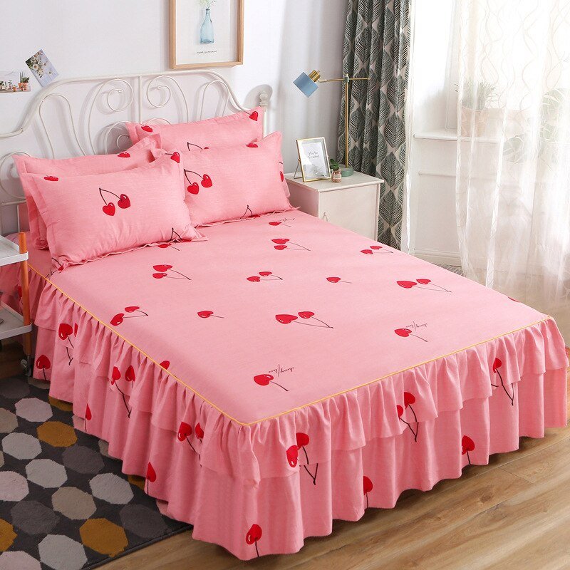 Printed Double Layer Bed Skirt Set for King Queen Size Bed - Casatrail.com