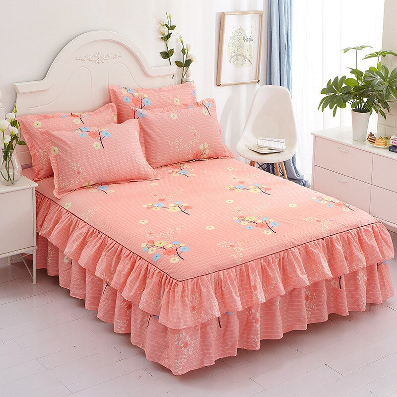 Printed Double Layer Bed Skirt Set for King Queen Size Bed - Casatrail.com