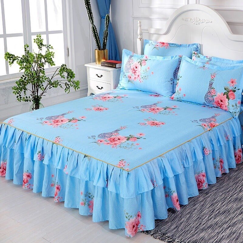 Printed Double Layer Bed Skirt Set for King Queen Size Bed - Casatrail.com