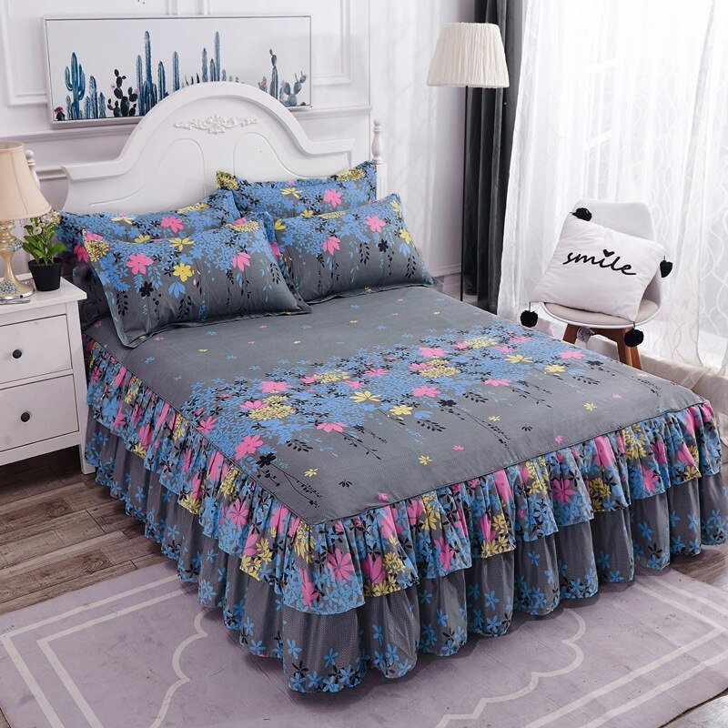 Printed Double Layer Bed Skirt Set for King Queen Size Bed - Casatrail.com