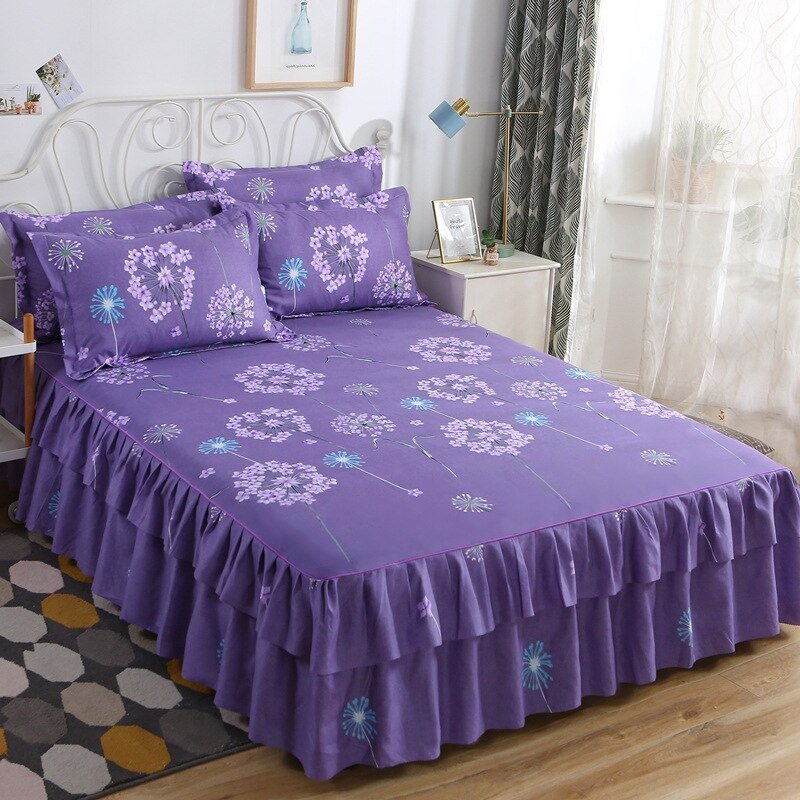 Printed Double Layer Bed Skirt Set for King Queen Size Bed - Casatrail.com