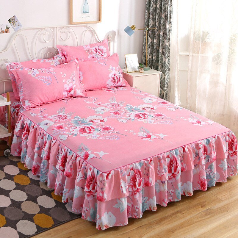 Printed Double Layer Bed Skirt Set for King Queen Size Bed - Casatrail.com