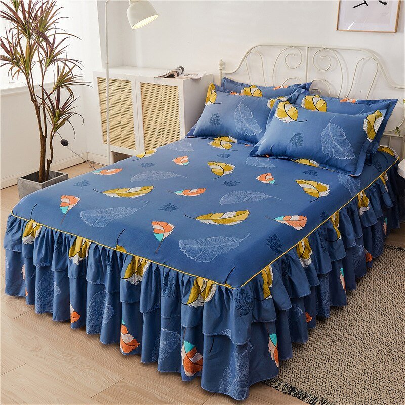 Printed Double Layer Bed Skirt Set for King Queen Size Bed - Casatrail.com