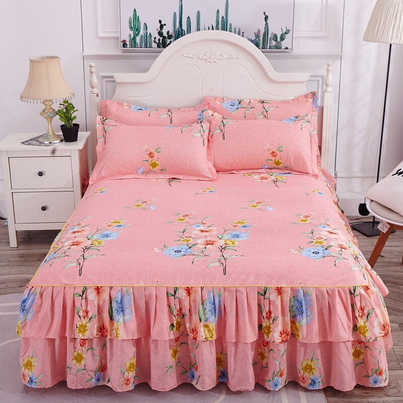 Printed Double Layer Bed Skirt Set for King Queen Size Bed - Casatrail.com