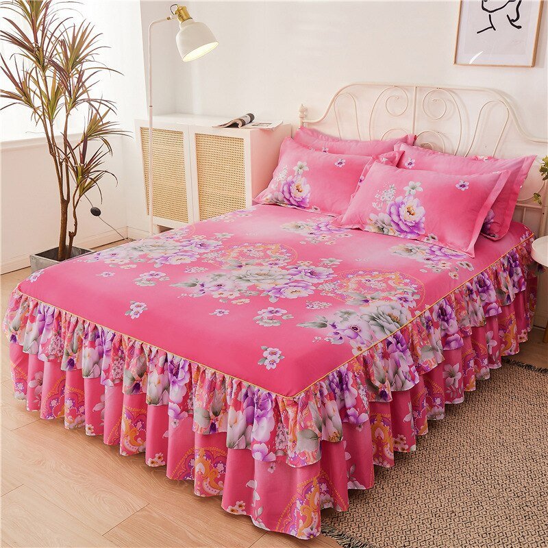 Printed Double Layer Bed Skirt Set for King Queen Size Bed - Casatrail.com