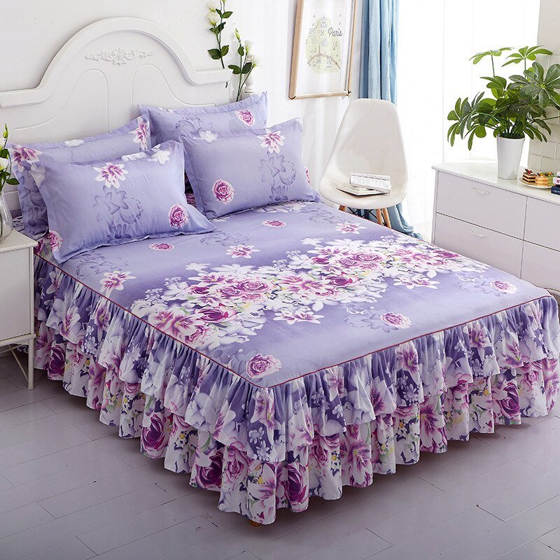 Printed Double Layer Bed Skirt Set for King Queen Size Bed - Casatrail.com