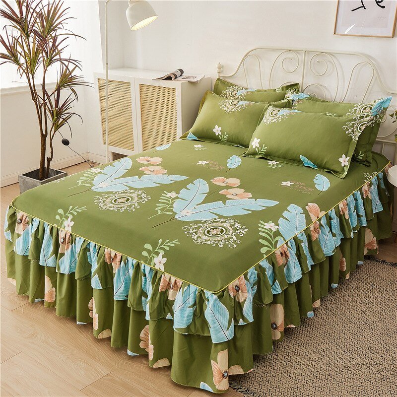 Printed Double Layer Bed Skirt Set for King Queen Size Bed - Casatrail.com