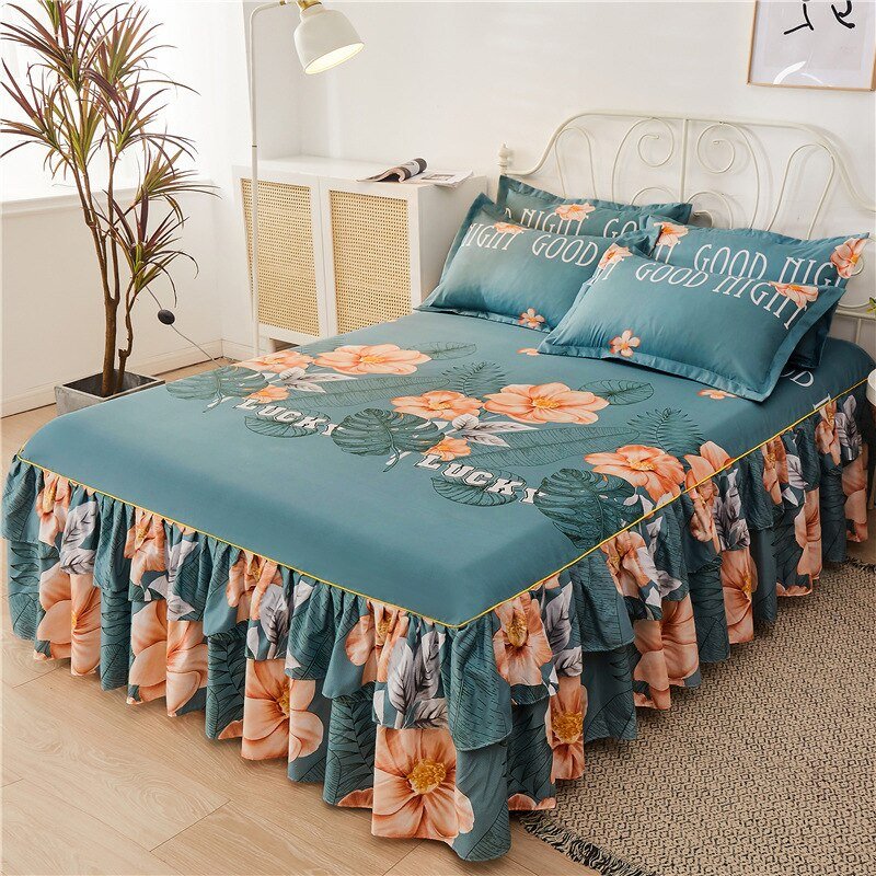 Printed Double Layer Bed Skirt Set for King Queen Size Bed - Casatrail.com