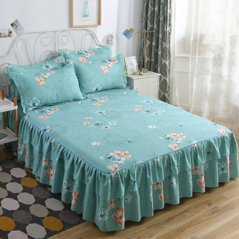 Printed Double Layer Bed Skirt Set for King Queen Size Bed - Casatrail.com