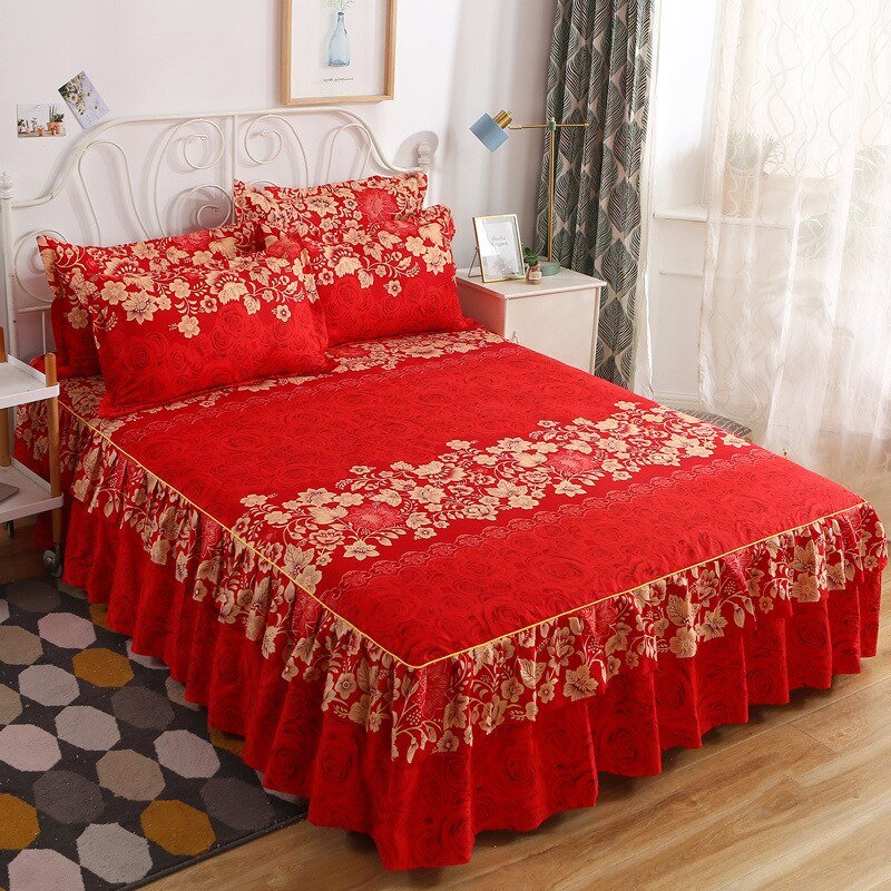 Printed Double Layer Bed Skirt Set for King Queen Size Bed - Casatrail.com