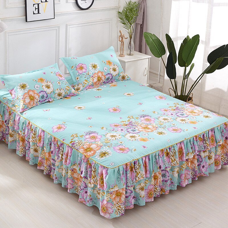 Printed Double Layer Bed Skirt Set for King Queen Size Bed - Casatrail.com