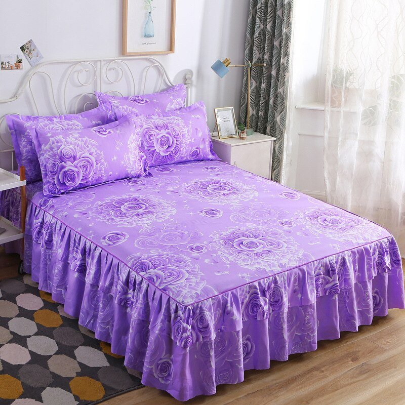 Printed Double Layer Bed Skirt Set for King Queen Size Bed - Casatrail.com