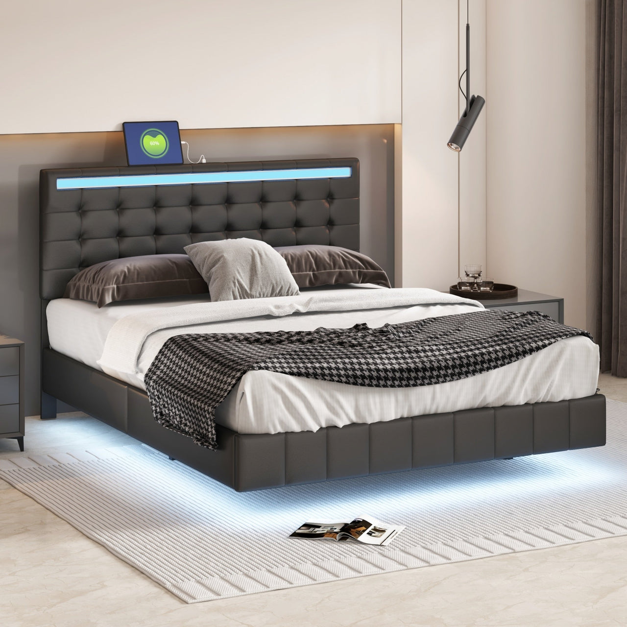 Queen Size Floating Bed Frame with LED USB Charging - Casatrail.com