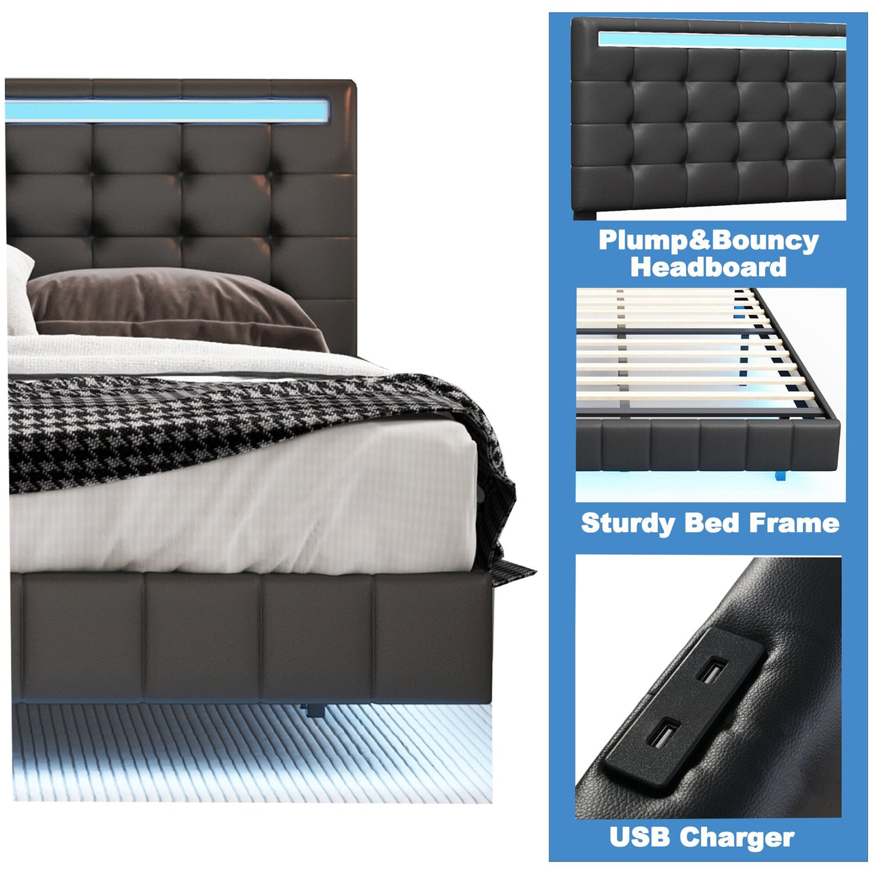 Queen Size Floating Bed Frame with LED USB Charging - Casatrail.com