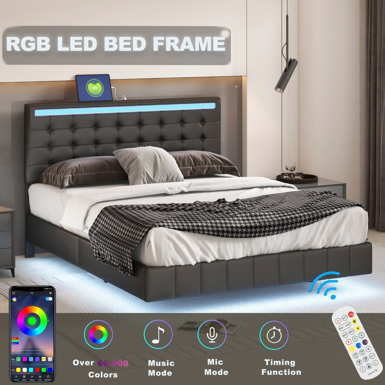 Queen Size Floating Bed Frame with LED USB Charging - Casatrail.com