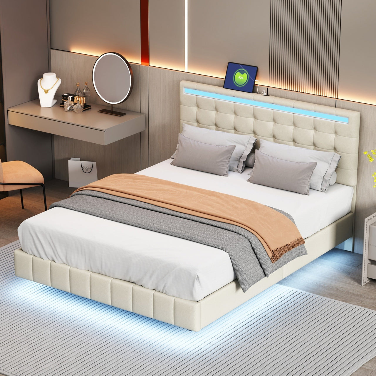 Queen Size Floating Bed Frame with LED USB Charging - Casatrail.com