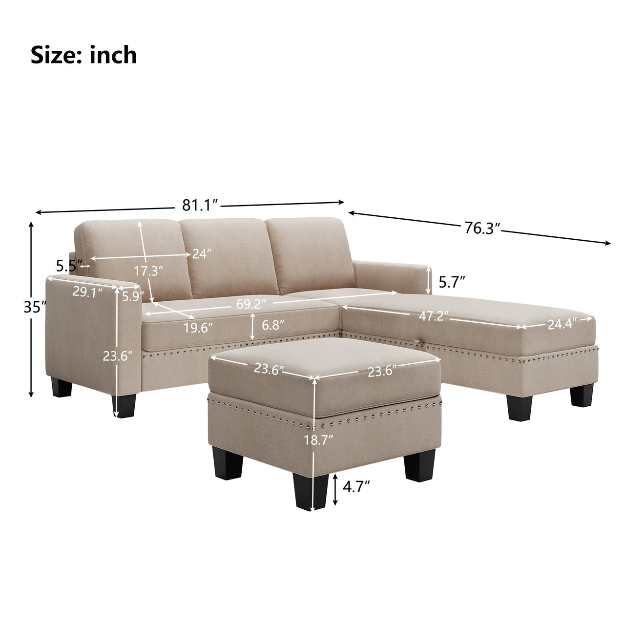Reversible Double Chaise Sectional Sofa with Ottoman - Casatrail.com