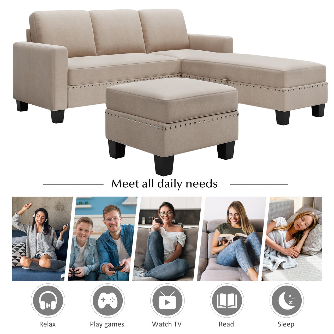 Reversible Double Chaise Sectional Sofa with Ottoman - Casatrail.com