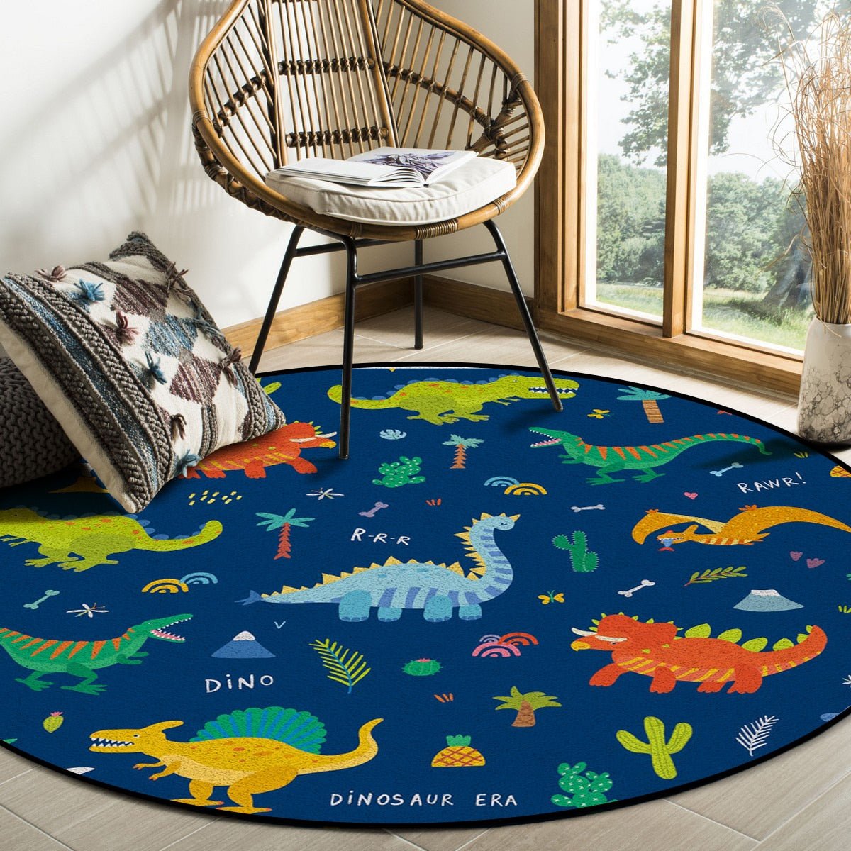 Round Dinosaur Blue Pattern Rug - Casatrail.com