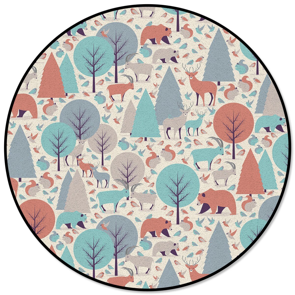 Round Rug with Forest Animals Print - Casatrail.com